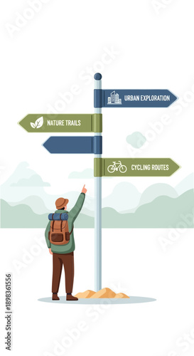 Adventurer Choosing Paths For Exploration And Recreation On A Signpost