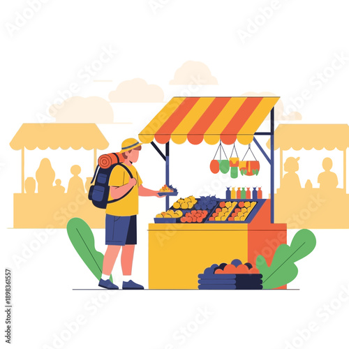 Adventurer Choosing Fresh Produce At A Vibrant Outdoor Market Stall For A Refreshing Culinary