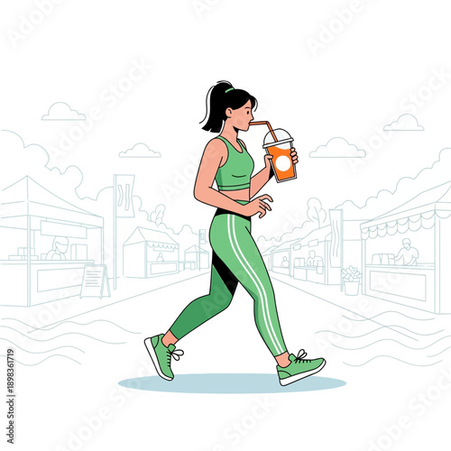 Active Woman Jogging While Enjoying a Refreshing Beverage Outdoors