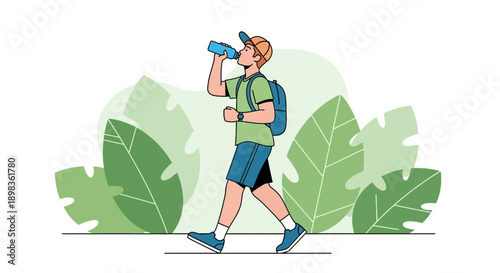 Active Young Man Hydrating While Trekking Through Verdant Foliage