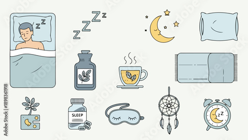 Collection of icons featuring sleep elements, including a bed and a moon