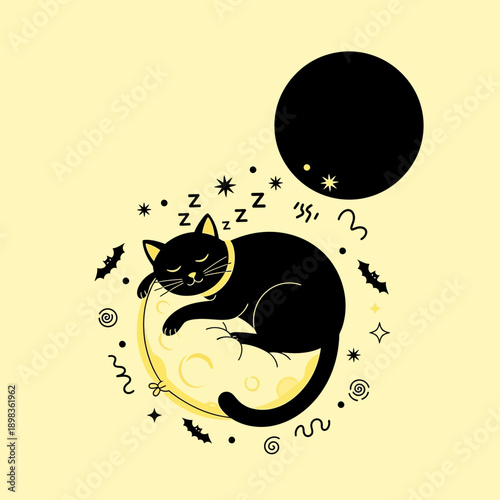 Adorable Black Cat Napping Peacefully On A Crescent Moon Surrounded By Stars And Bats