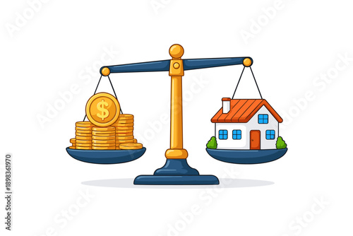 Balance scale comparing house value to stack of gold coins