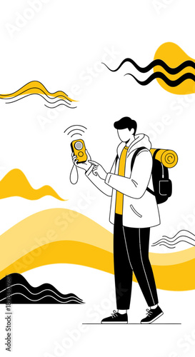 Adventurer Using GPS Navigation Device Amidst Abstract Yellow Landscape Outdoors