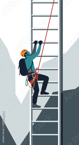 Adventurous Climber Ascending a Metal Ladder Towards the Summit of Rocky Mountains Adventure