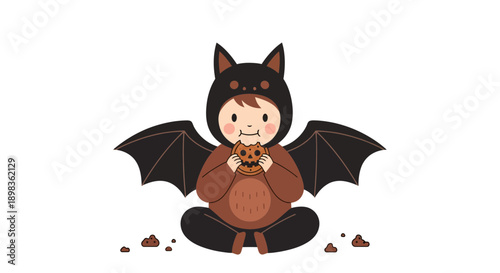 Adorable Child Dressed As A Bat Enjoying A Halloween Cookie