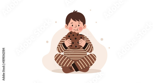 Adorable Child Enjoying A Giant Chocolate Chip Cookie While Sitting Cross-Legged