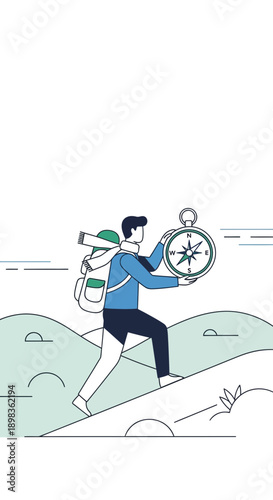 Adventurous Explorer Ascends Mountains with a Compass Seeking Remote Destination