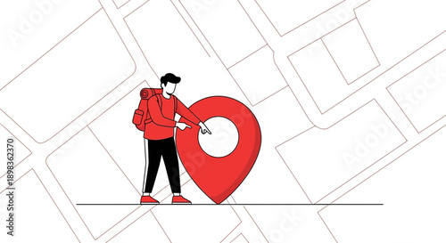 Adventurous Explorer Points to Destination Marker on Stylized Map