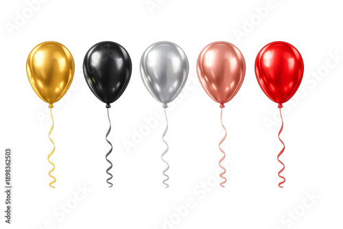 Set of shiny metallic balloons in gold black silver rose gold and red on transparent background for party decoration