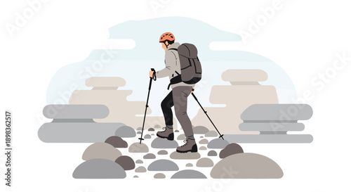 Adventurous Hiker Ascending Rocky Terrain While Enjoying a Scenic Mountain Adventure