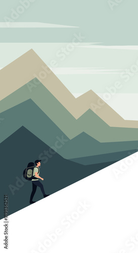 Adventurous Hiker Ascending Majestic Mountain Peaks With Backpack On Scenic Trail