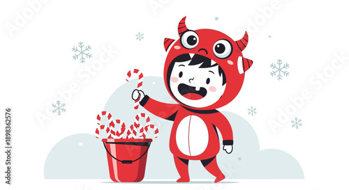 Adorable Little Devil Collects Candy Canes In Snowy Scene