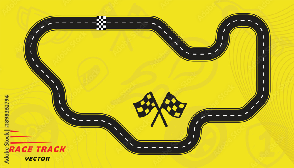 Fototapeta premium Creative vector illusion of race track isolated on yellow background. Speed race track design with creative icons.