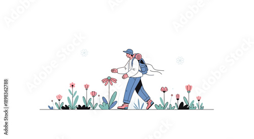 Adventurous Hiker Exploring a Vibrant Meadow