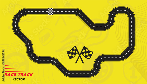 Creative vector illusion of race track isolated on yellow background. Speed race track design with creative icons.