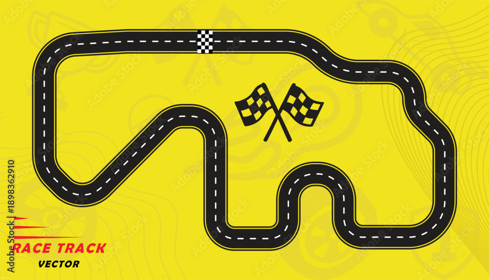 Fototapeta premium Creative vector illusion of race track isolated on yellow background. Speed race track design with creative icons.