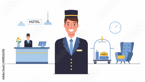 Cartoon hotel scene showing staff with luggage, chair, and a clock
