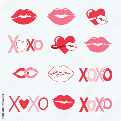 Collection of lips and "xoxo" symbols in shades of red and pink