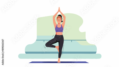 A woman in athletic wear practices tree pose on a yoga mat