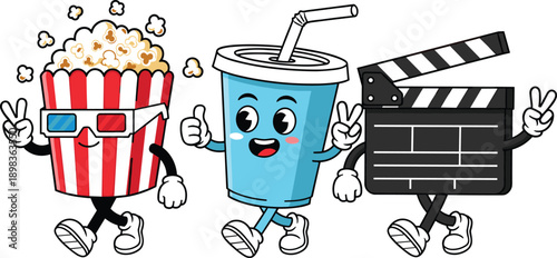 Cartoon characters of popcorn, soda cup, and clapperboard for movie cinema film
