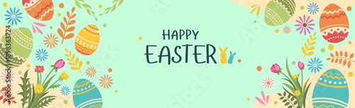 Vector design of Easter poster and banner. Greetings and presents for Easter Day in flat lay styling