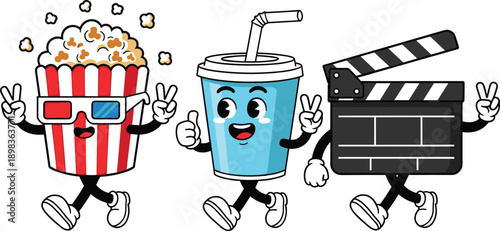 Cartoon popcorn cup soda and clapperboard characters at the movies on a white background Keywords: popcorn, soda, clapperboard