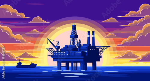 Offshore oil drilling platform in the ocean at sunset, vector illustration