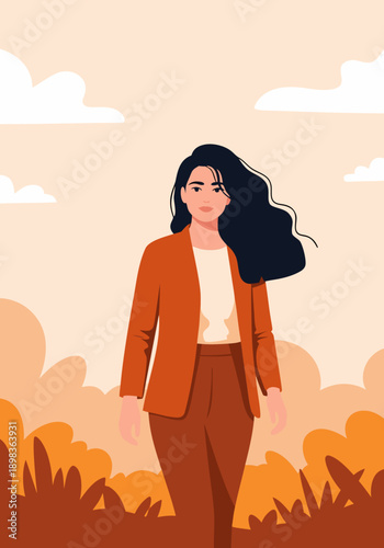 Dynamic vector illustration of a confident professional woman walking through an autumnal landscape, ideal for scalable graphic designs and digital projects