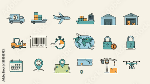 Collection of shipping and logistics icons in colorful outlines