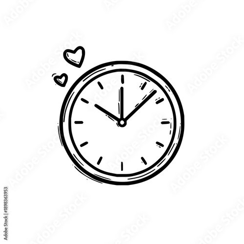 Clock with Hearts, Hand Drawn, Isolated on White