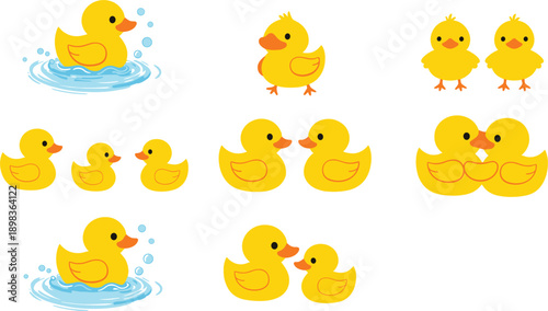 Collection of cute yellow cartoon ducklings and ducks with water splashes baby chick
