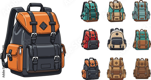 Collection of Cartoon Backpacks in Various Colors and Styles for Travel and Adventure rucksack hiking