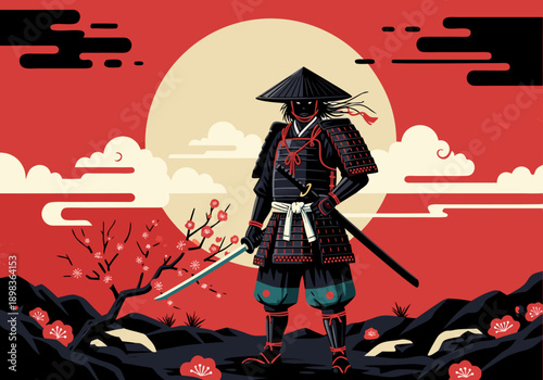 Striking Japanese Samurai Warrior Vector Illustration with Katana, Traditional Armor, Sakura Blossoms, and Dramatic Red Sun Background