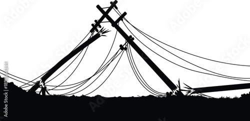 Silhouette of fallen utility poles with tangled wires, damaged infrastructure, electricity outage, disaster aftermath, rural vegetation, high voltage grid
