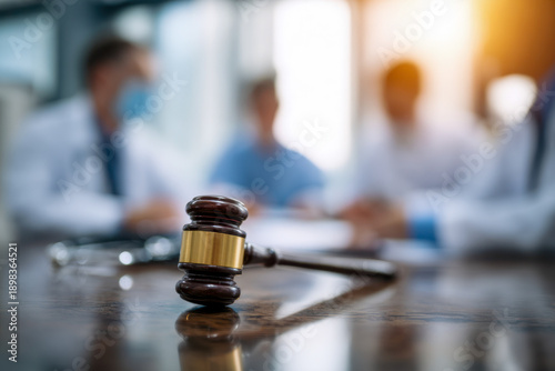 Wooden judge gavel on table in focus with blurred medical professionals in discussion and bright window light in the background of legal health concept