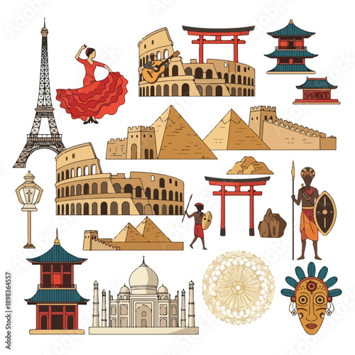 Assorted drawings of global landmarks, people, and decorative items