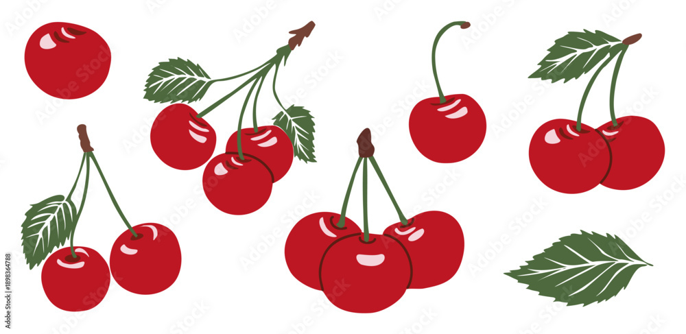 Obraz premium Set of glossy red cherries with green leaves, arranged in natural clusters. Clean vector illustration isolated on atransparent background in a minimalist style.