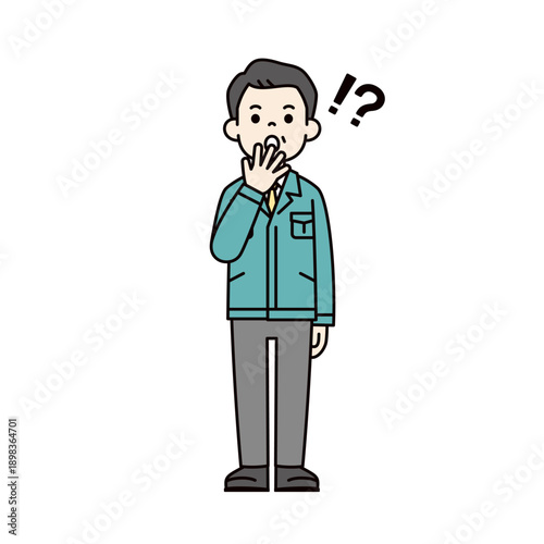 驚いた表情をする、作業服を着た中小企業の経営者・社長・工場長の全身ベクターイラスト素材
