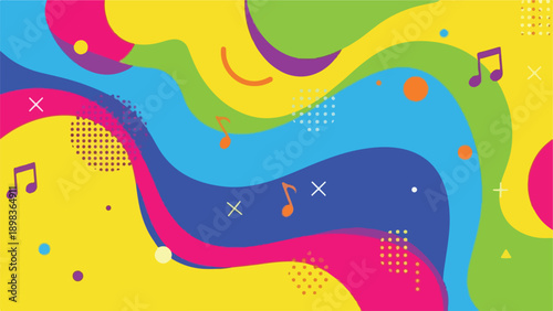 Colorful abstract artwork with musical notes, dots, and wavy shapes