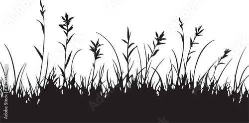 Black grass and bamboo plant silhouette vector illustration featuring a floral meadow design with spring leaves and summer garden elements isolated on a white nature background frame