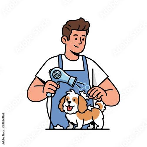 Groomer Blow Drying Cute Dog, Pet Care Service, Happy Animal Clean