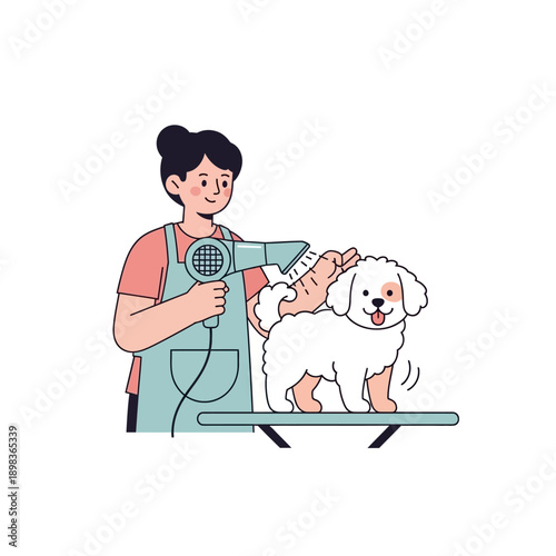 Dog grooming, happy fluffy white dog drying with hairdryer by groomer, flat illustration