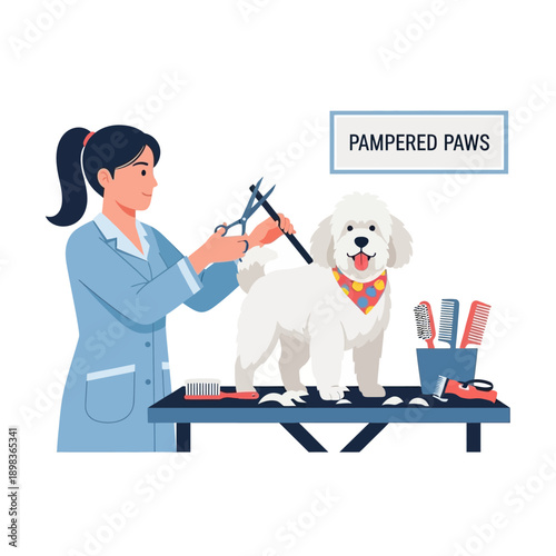 Dog groomer trimming white poodle on grooming table with tools, Pampered Paws concept