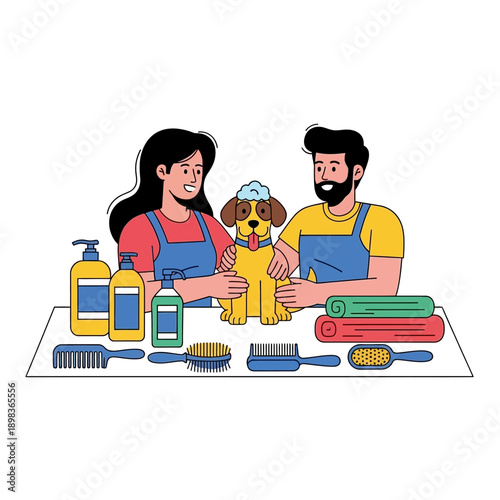 Happy Dog Grooming with Professionals: Shampoo, Brushes, and Towels