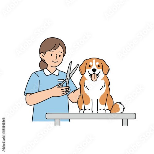Dog grooming, groomer cutting fur with scissors, happy pet on table, illustration