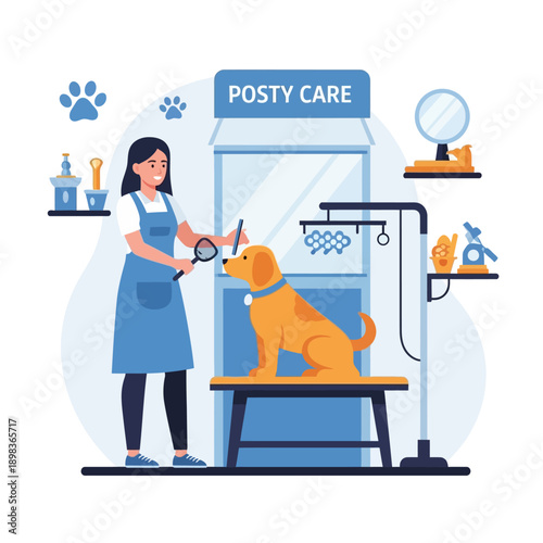 Professional dog grooming salon with happy dog and groomer giving care.