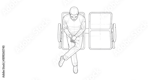 Man Sitting and Using Smartphone,  Line Art Vector