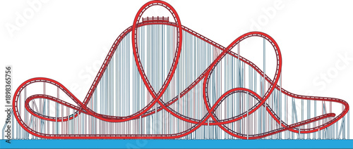 Detailed illustration of a complex roller coaster with red tracks and blue supports Keywords: roller coaster, amusement park