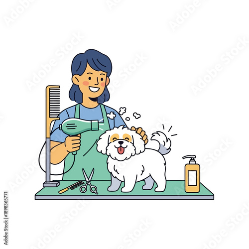 Happy Dog Grooming: Stylist Blow Drying Fluffy White Puppy with Dryer, Comb, Scissors